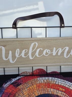 Welcome Wall Sign with Brown Leather Strap